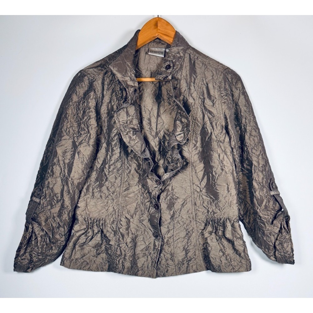 Chicos Blazer Jacket Small 0 Brown Metallic Crinkle Ruffle Front Lightweight
